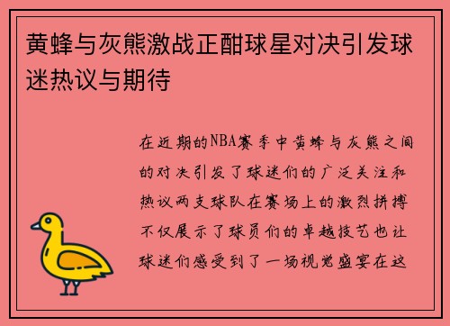 黄蜂与灰熊激战正酣球星对决引发球迷热议与期待
